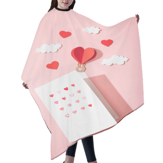 Personality  Top View Of Greeting Card With Hearts In White Envelope Near Paper Heart Shaped Air Balloon In Clouds On Pink Hair Cutting Cape