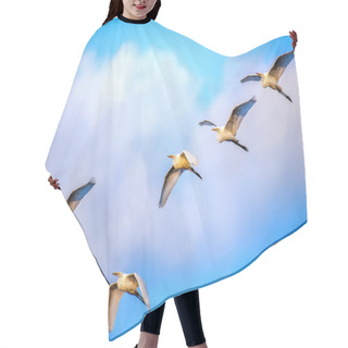 Personality  Flock Of Great Egrets Flying In Clouds Hair Cutting Cape