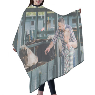 Personality  Happy Father And Son In Checkered Shirts Looking At Cows In Stall  Hair Cutting Cape