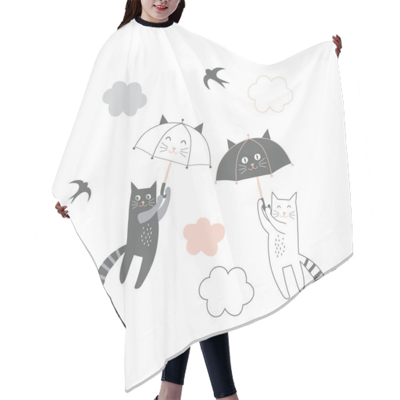 Personality  Funny Black And White Cat With Cute Kawaii Umbrella Fly In The Sky Illustration  Hair Cutting Cape