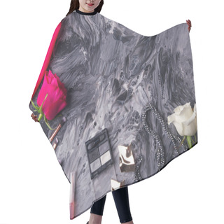 Personality  Stylish Cosmetic Set With Pink And White Roses On Dynamic Abstract Painting. Hair Cutting Cape