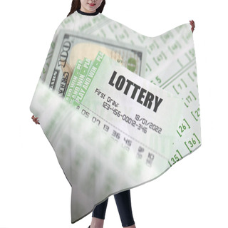 Personality  Green Lottery Tickets And US Money Bills On Blank With Numbers For Playing Lottery Close Up Hair Cutting Cape