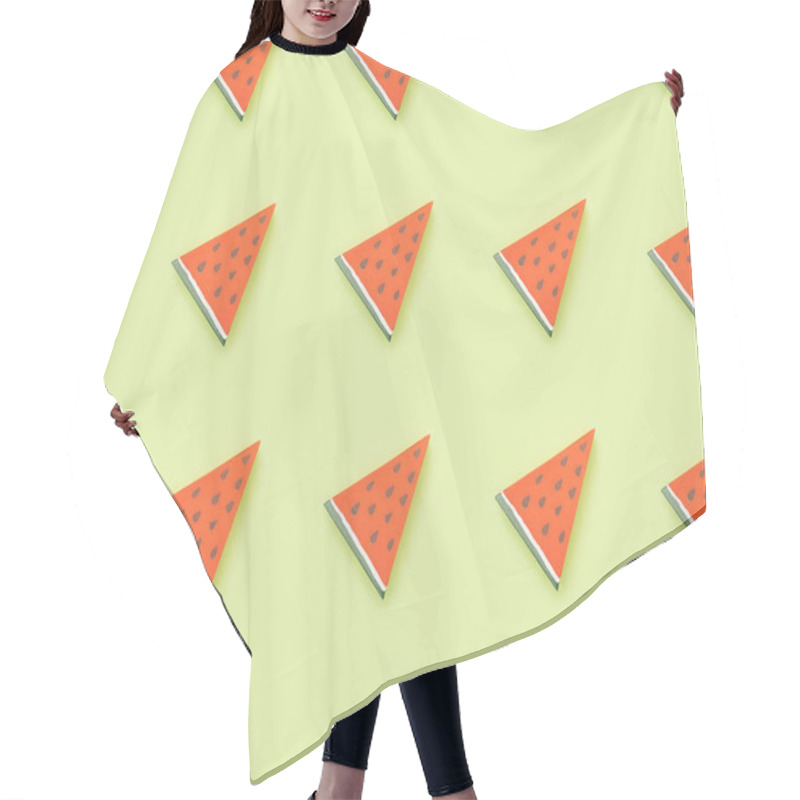 Personality  Top View Of Pattern With Handmade Red Paper Watermelon Slices Isolated On Green Hair Cutting Cape