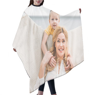 Personality  Little Boy Embracing Smiling Mother While She Laying In Hammock  Hair Cutting Cape
