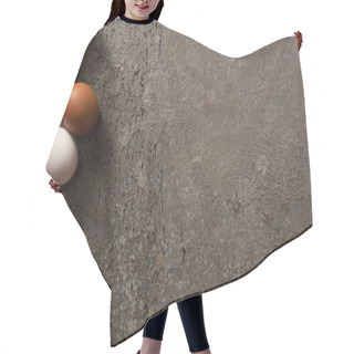 Personality  Top View Of Brown And White Chicken Eggs On Grey Textured Background Hair Cutting Cape