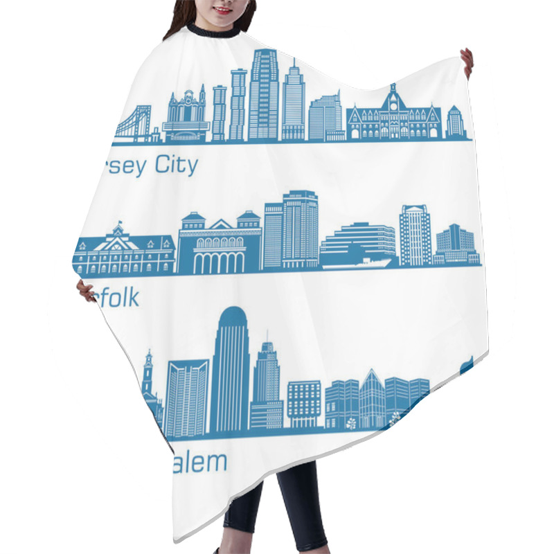 Personality  Cities of USA - Jersey City, Norfolk, Winston-Salem. Detailed architecture. Trendy vector illustration. hair cutting cape