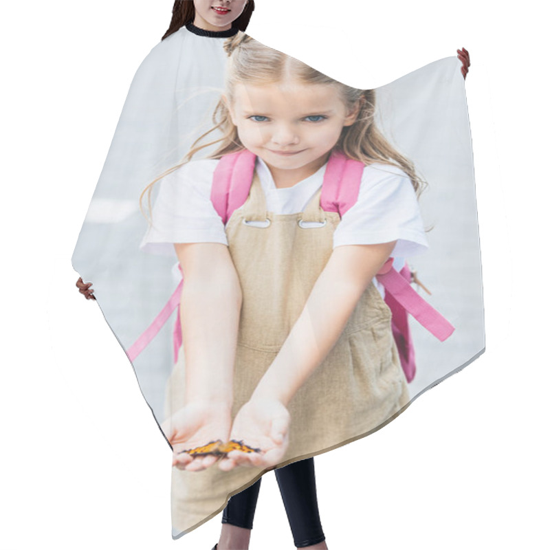 Personality  Adorable Little Child With Backpack Holding Butterfly In Hands Hair Cutting Cape