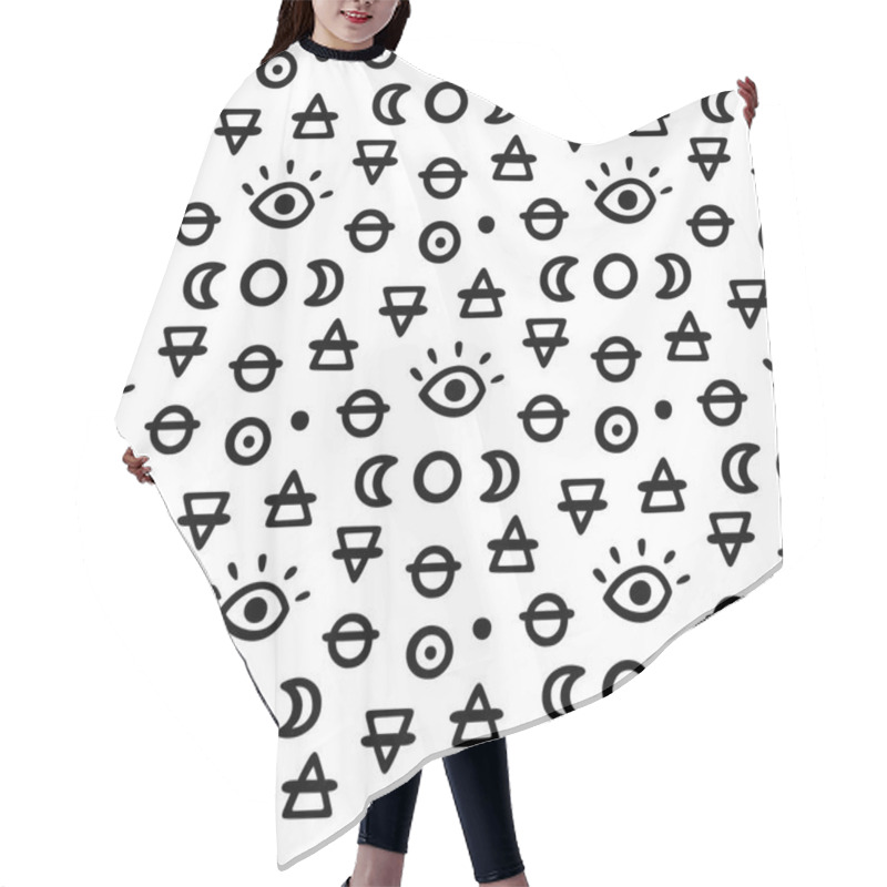 Personality  Seamless Pattern, In Memphis Style, With Magic Simbols, On A White Background. Hair Cutting Cape