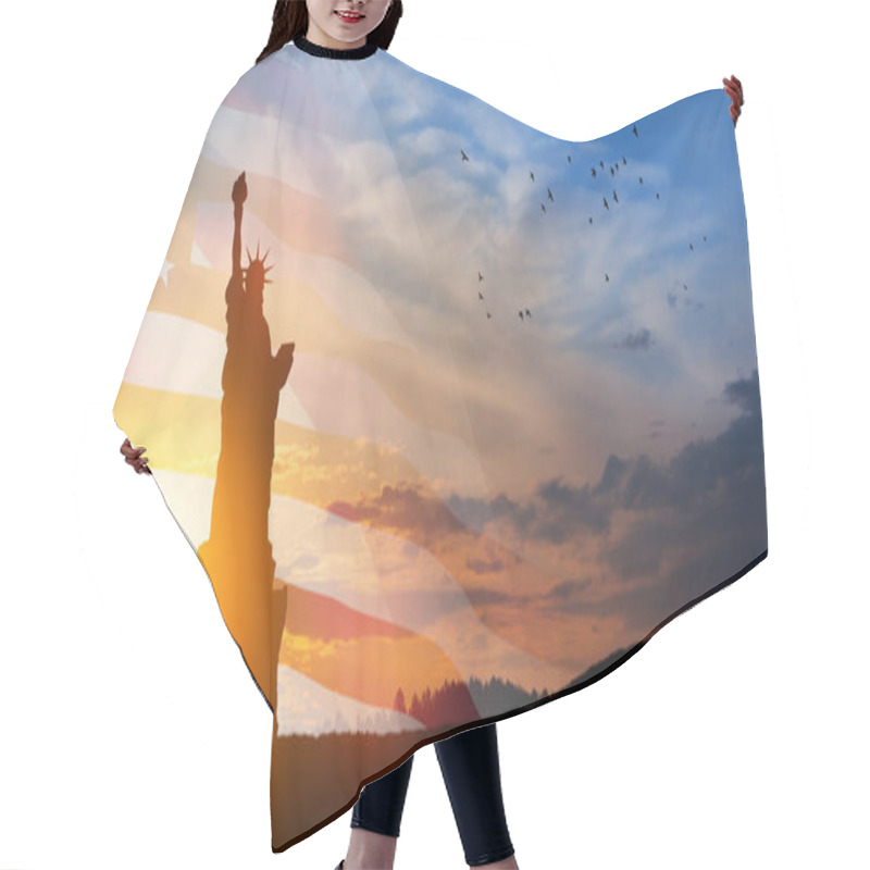 Personality  Statue of Liberty with a large american flag and sunset sky with flying birds on background. Greeting card for Independence Day. USA celebration. hair cutting cape