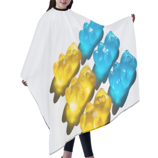 Personality  High Angle View Of Yellow And Blue Gummy Bears On White Background  Hair Cutting Cape