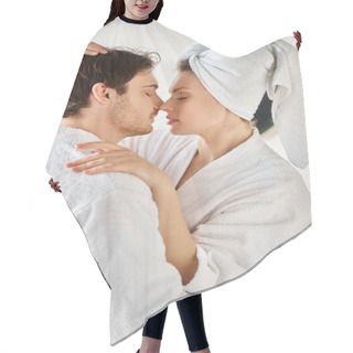 Personality  Attractive Couple In Bathrobes Kissing In Love Cuddling In The Bathroom, Woman With Towel On Head Hair Cutting Cape