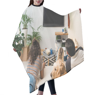 Personality  Teens Watching Tv And Lying On Bed With Dog Hair Cutting Cape
