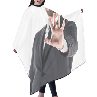 Personality  Businessman Showing Stop Symbol Hair Cutting Cape