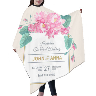 Personality  Wedding Invitation With Pink Lotus Flowers And Frame Hair Cutting Cape