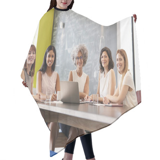Personality  Female Work Colleagues At Meeting  Hair Cutting Cape