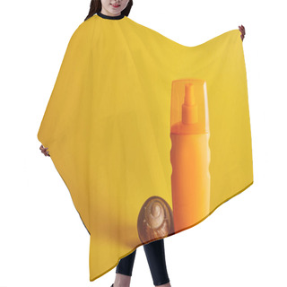 Personality  Sunscreen In Orange Bottle Near Seashell On Dark Yellow Background Hair Cutting Cape