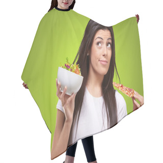 Personality  Portrait Of Young Woman Choosing Pizza Or Salad Against A Green Hair Cutting Cape