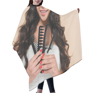 Personality  Cropped View Of Smiling Woman With Wavy Hair Holding Different Combs Isolated On Beige  Hair Cutting Cape