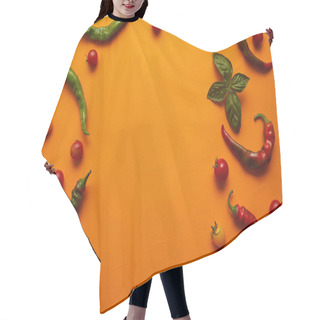 Personality  Top View Of Fresh Ripe Tomatoes And Chili Peppers On Orange Background Hair Cutting Cape