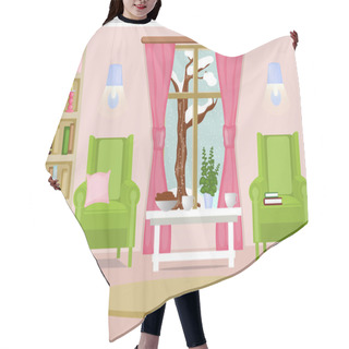 Personality  The Interior Of The Living Room. Cozy Living Room With Furniture, A Winter Landscape The First Snow Falls. Cartoon. Vector Illustration. Hair Cutting Cape
