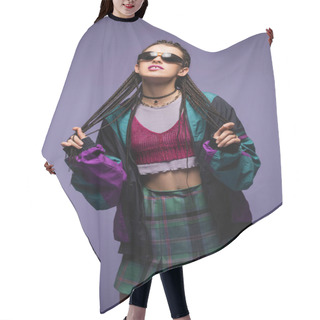 Personality  Young Woman In Vintage Clothes And Sunglasses Standing Isolated On Purple  Hair Cutting Cape