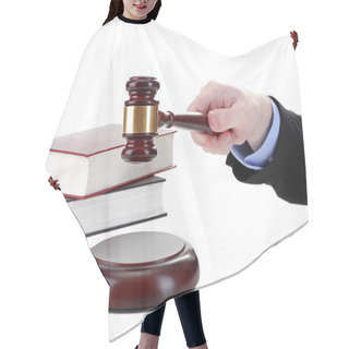 Personality  Wooden Gavel In Hand And Books Isolated On White Hair Cutting Cape