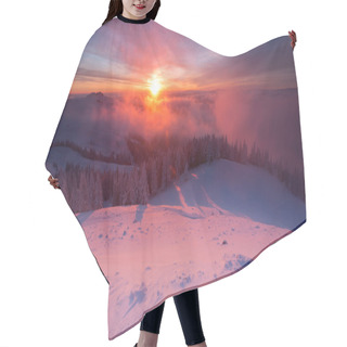 Personality  Winter Colorful Sunrise Over The Clouds With Firs Full Of Snow Hair Cutting Cape
