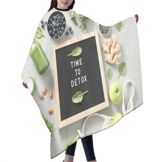 Personality  Time To Detox Letter Board Quote Flat Lay. Green Smoothie And Healthy Ingredients. Healthy Eating Concept Hair Cutting Cape