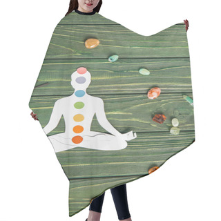 Personality  Top View Of Paper Figure In Form Of Person With Chakras In Lotus Pose, Aroma Sticks And Colorful Stones On Wooden Surface Hair Cutting Cape