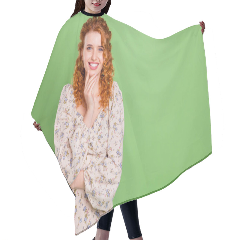 Personality  Photo Of Positive Happy Nice Young Woman Hold Hand Chin Good Mood Think Isolated On Green Color Background Hair Cutting Cape