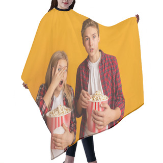 Personality  Scared Brother And Sister Holding Popcorn Buckets And Looking At Camera Hair Cutting Cape