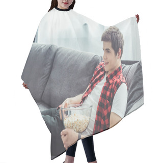 Personality  Teenager With Popcorn Watching Tv And Sitting On Sofa At Home Hair Cutting Cape