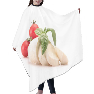 Personality  Close Up View Of Cherry Tomatoes, Mozzarella Cheese And Basil Leaves Isolated On White Hair Cutting Cape