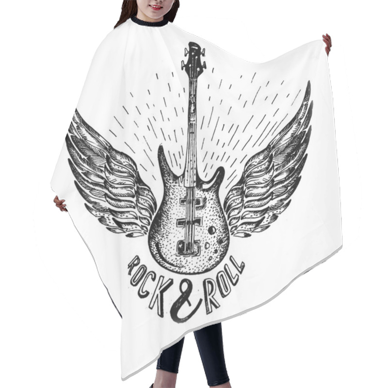 Personality  Vintage Vector Label With Rock And Roll Forever , Guitar  Hair Cutting Cape