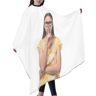 Personality  A Young Woman Dressed In A Yellow Sundress And With Glasses Keeps A Secret. Hair Cutting Cape