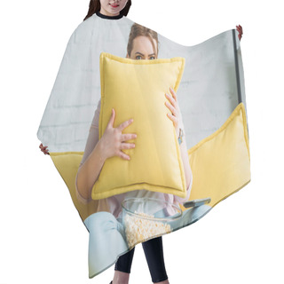 Personality  Woman Looking Out From Cushion While Watching Horror Movie With Popcorn At Home Hair Cutting Cape