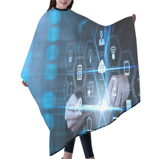 Personality  Coding Software Developer Work With Augmented Reality Dashboard Computer Icons Of Scrum Agile Development And Code Fork And Versioning With Responsive Cybersecurity.Businessman Hand Working Mobile Phone. Hair Cutting Cape