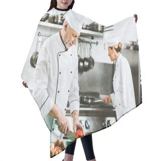 Personality  Selective Focus Of Male And Female Chefs In Uniform Preparing Food In Restaurant Kitchen Hair Cutting Cape