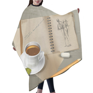 Personality  Drawing, Cup Of Tea, Pencil With Eraser. Hair Cutting Cape