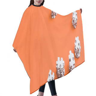 Personality  Panoramic Shot Of Stacks With White Puzzle Pieces On Orange Hair Cutting Cape
