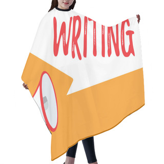 Personality  Text Sign Showing Writing. Conceptual Photo Action Of Write Something Making Important Notes Letters Papers Megaphone Loudspeaker Speech Bubbles Important Message Speaking Out Loud. Hair Cutting Cape