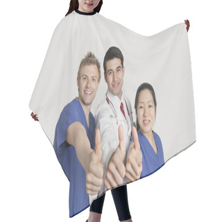 Personality  Portrait Of A Happy Medical Team Gesturing Thumbs Up Over Gray Background Hair Cutting Cape