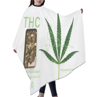 Personality  Top View Of Green Cannabis Leaf And Marijuana Buds In Metal Box On White Background With THC Molecule Illustration Hair Cutting Cape