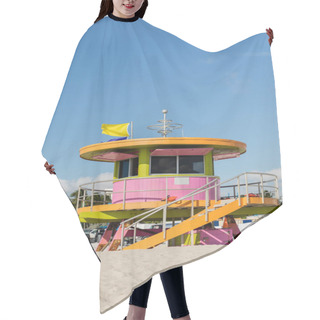Personality  Colorful Beach Lifeguard Tower With Flags On Top On Sand With Blue Sky At Background In Miami  Hair Cutting Cape
