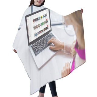 Personality  Woman Using Laptop With Youtube Hair Cutting Cape