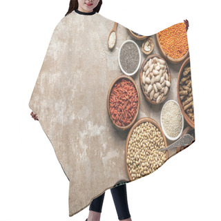 Personality  Top View Of Superfoods, Legumes And Healthy Ingredients On Rustic Background With Copy Space Hair Cutting Cape