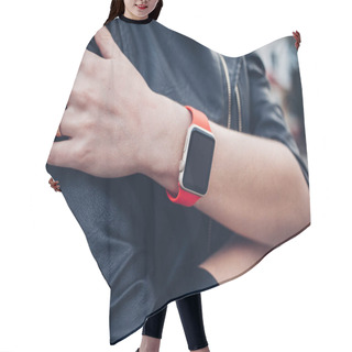 Personality  Photo Of Female Hands Touching Screen Generic Design Smart Watch. Film Effects, Blurred Background Hair Cutting Cape