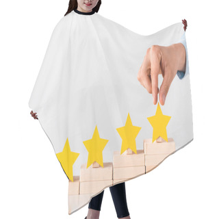 Personality  Cropped View Of Man Touching Yellow Star On White  Hair Cutting Cape