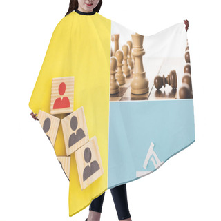 Personality  Collage Of Wooden Cubes With Painted Men, Paper Man On Stairs And King With Pawns On Chessboard On Yellow, Blue And White Hair Cutting Cape