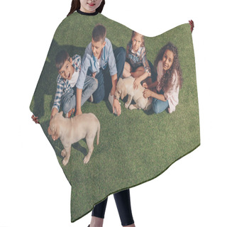 Personality  Multiethnic Kids With Cute Puppies Hair Cutting Cape